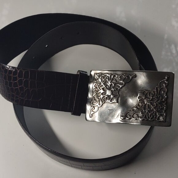 Sandy Duftler Brown Leather Skin Tapered Vintage Silver Buckle Belt 45\